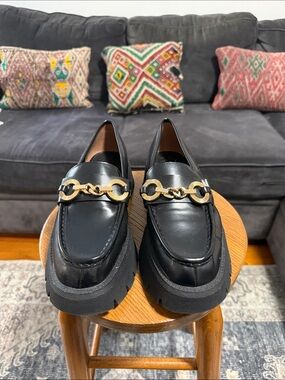 Zara Black Leather Loafers with Gold Chain Trim